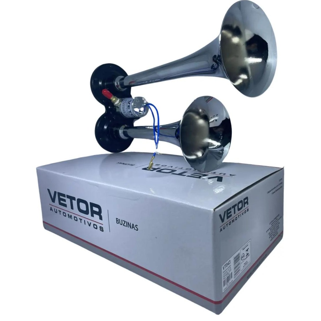Buzina 2 Cornetas Cromada 12V - Vetor - Vt043