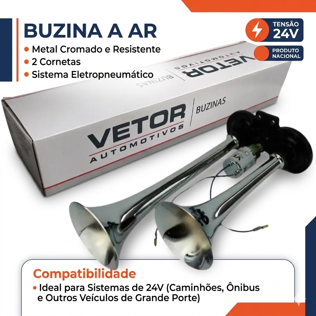 Buzina 2 Cornetas Cromada 24V - Vetor - Vt044