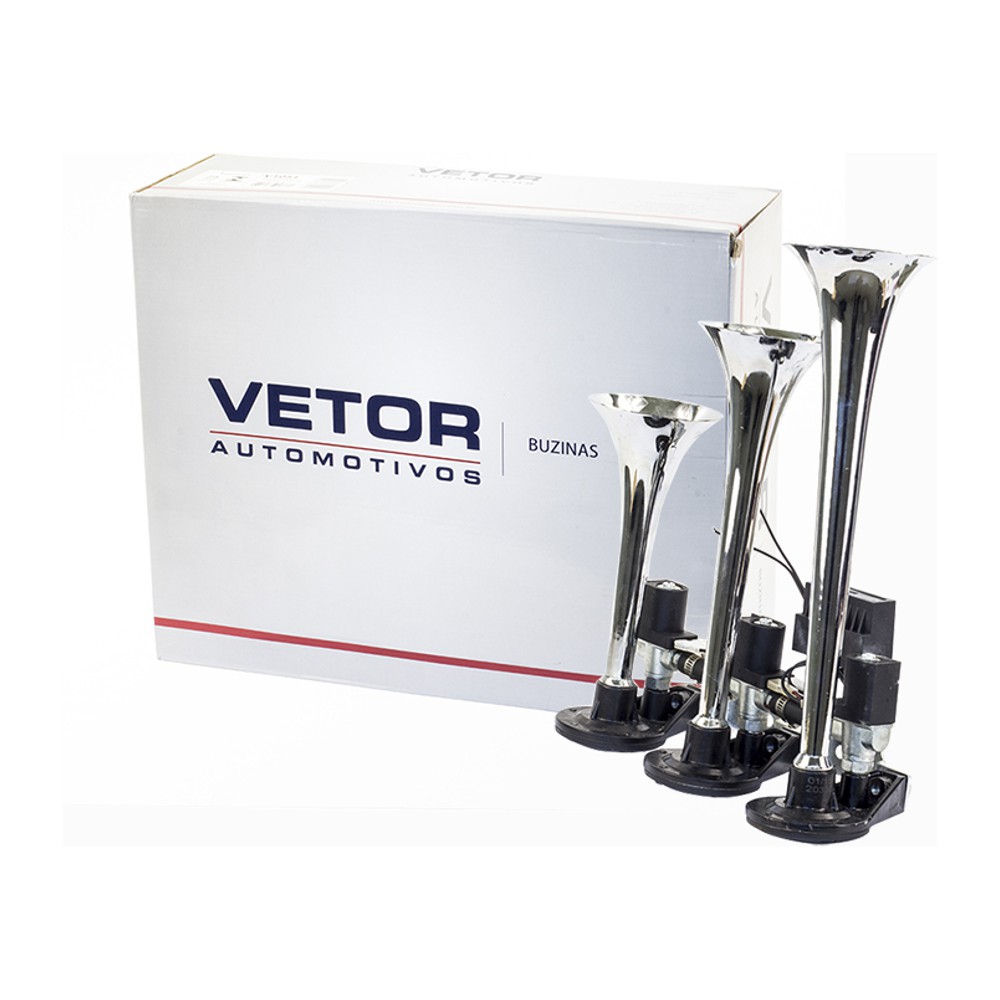 Buzina 3 Cornetas Cromada 12V com Som Alternado - Vetor - Vt051