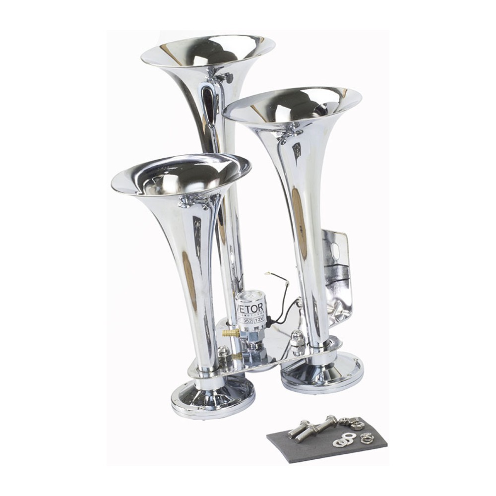 Buzina 3 Cornetas Cromada 12V/24V - Vetor - Vt052