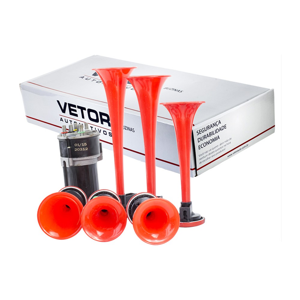 Buzina Musical 6 Cornetas Vermelhas 12V - Vetor - Vt050