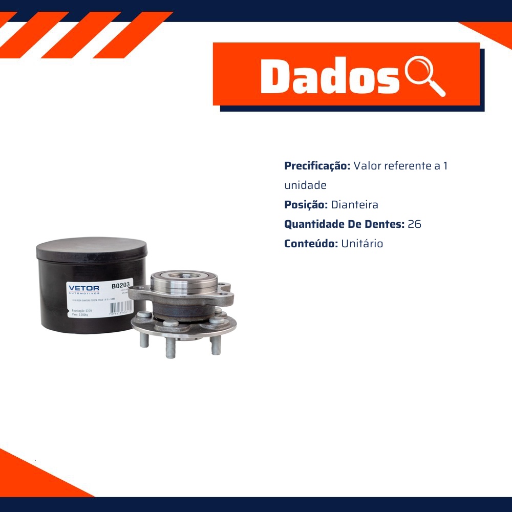 Cubo de Roda Dianteiro 26 Dentes para Toyota Corolla e Prius - Vetor - B0203