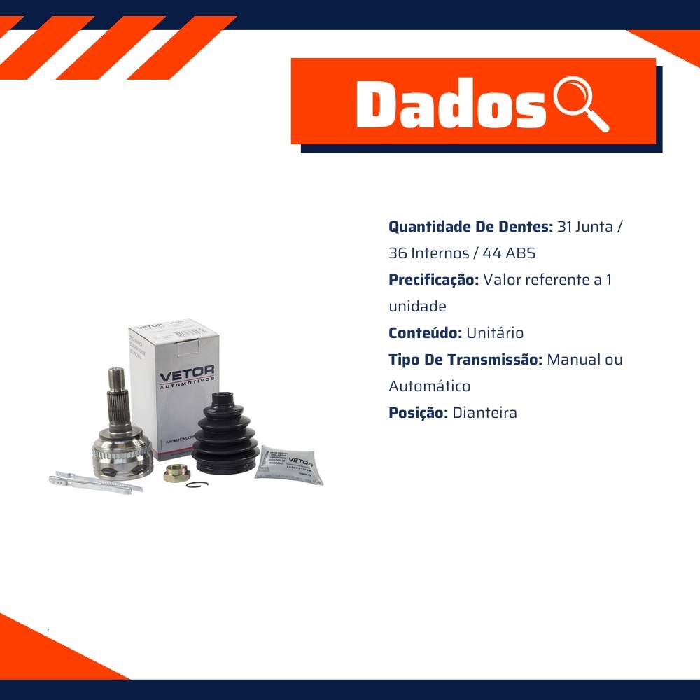 Junta Homocinética Dianteira para Câmbio Manual ou Automático para Ford Edge - Vetor - Vt5259