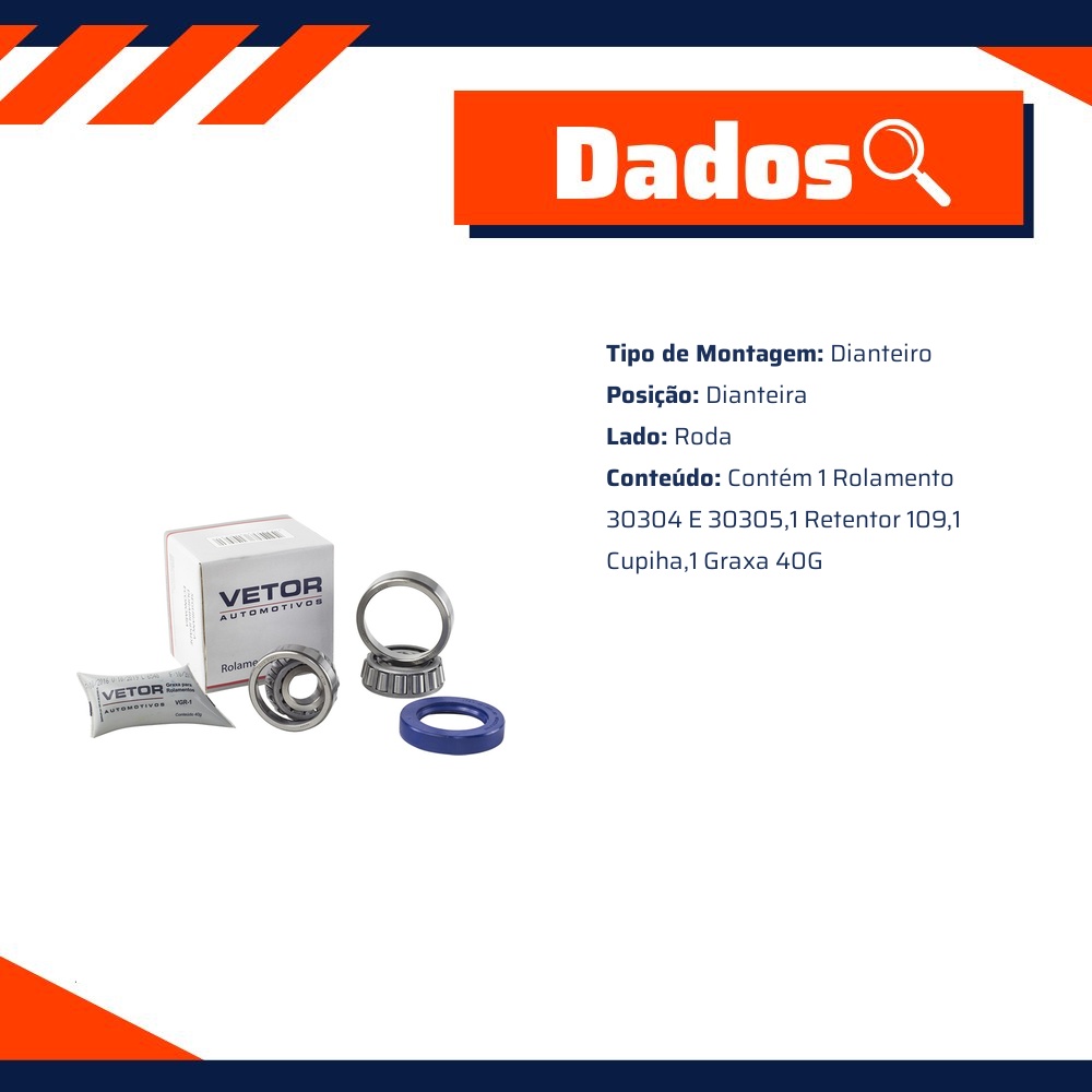 Kit de Rolamento da Roda Dianteira para Volkswagen Brasilia e Fusca - Vetor - Vk0022Dv