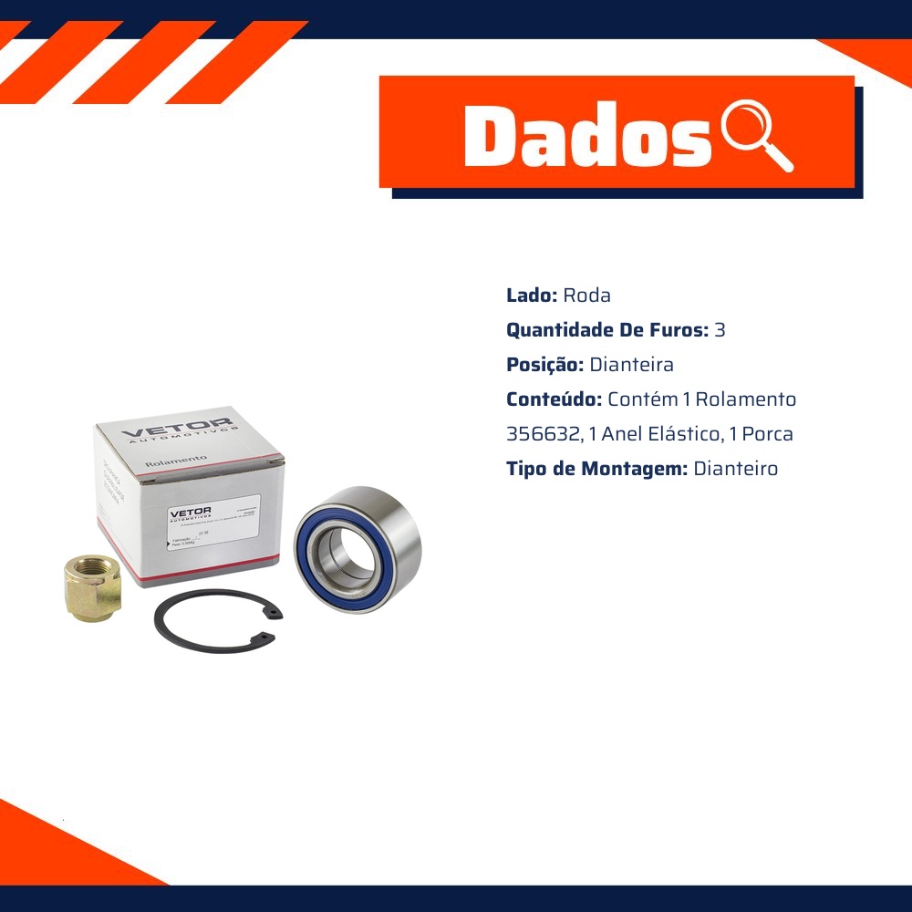 Kit de Rolamento da Roda Dianteira com 3 Furos para Peugeot 106 - Vetor - Vk0035Dp