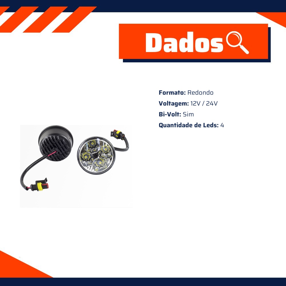 Kit Farol Auxiliar Redondo 4 LEDs 12V/24V - Teslla - Tk1001J