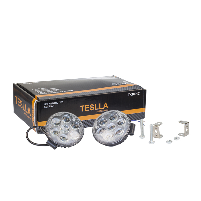 Kit Farol Auxiliar Redondo 7 LEDs 12V/24V 18W - Teslla - Tk1001C