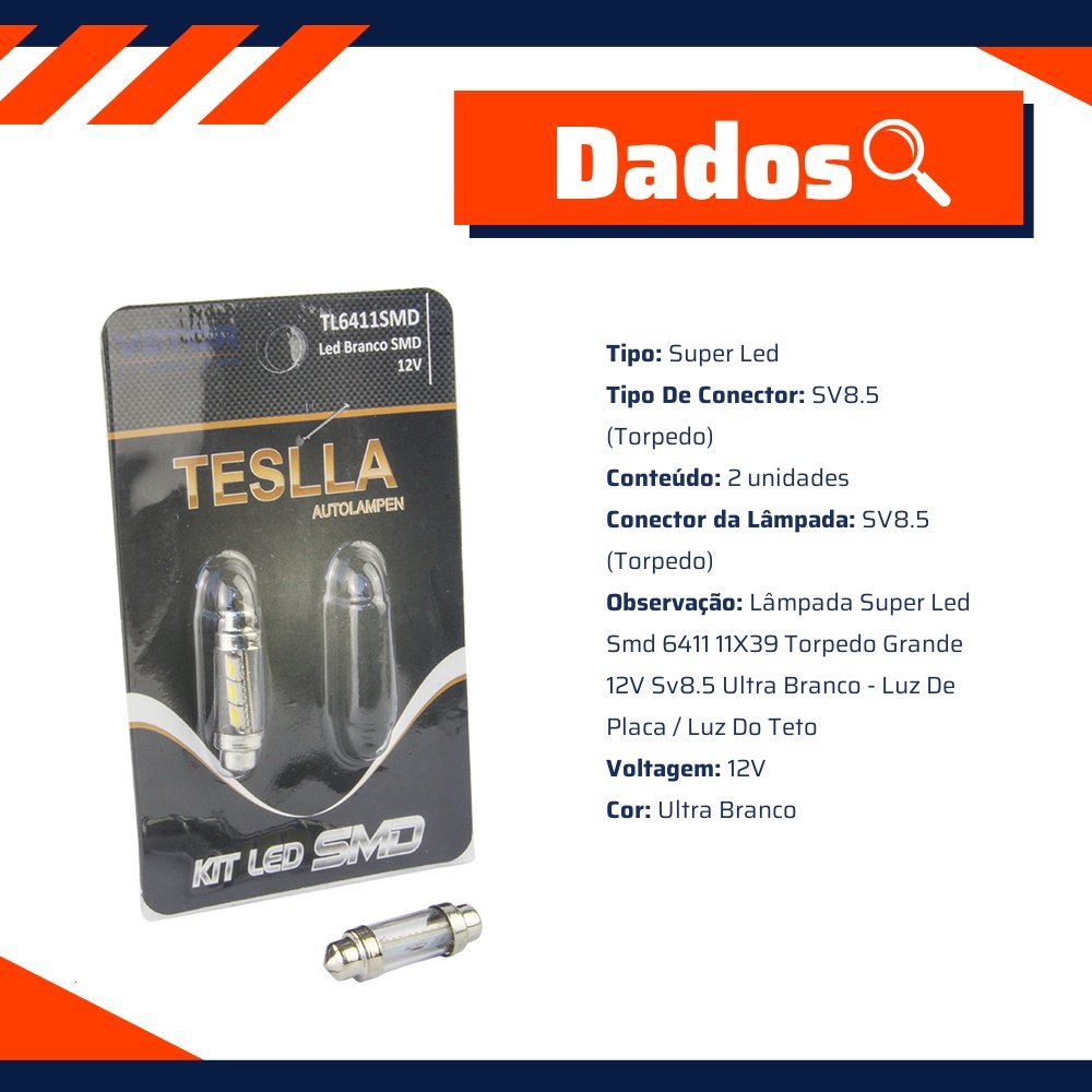 Par Lâmpada Super LED Ultra Branca 12V - Teslla - Tl6411Smd