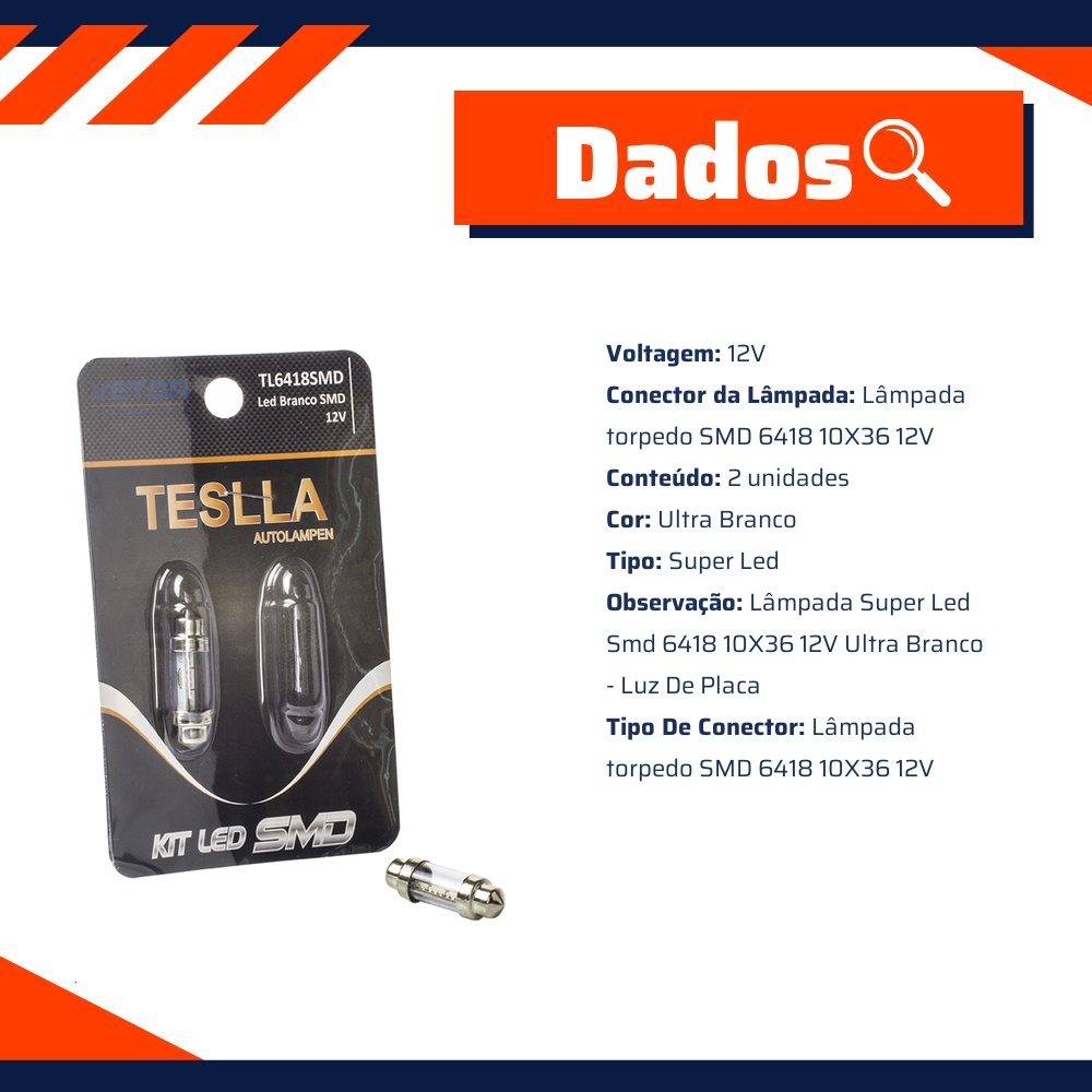 Par Lâmpada Super LED Ultra Branca 12V - Teslla - Tl6418Smd