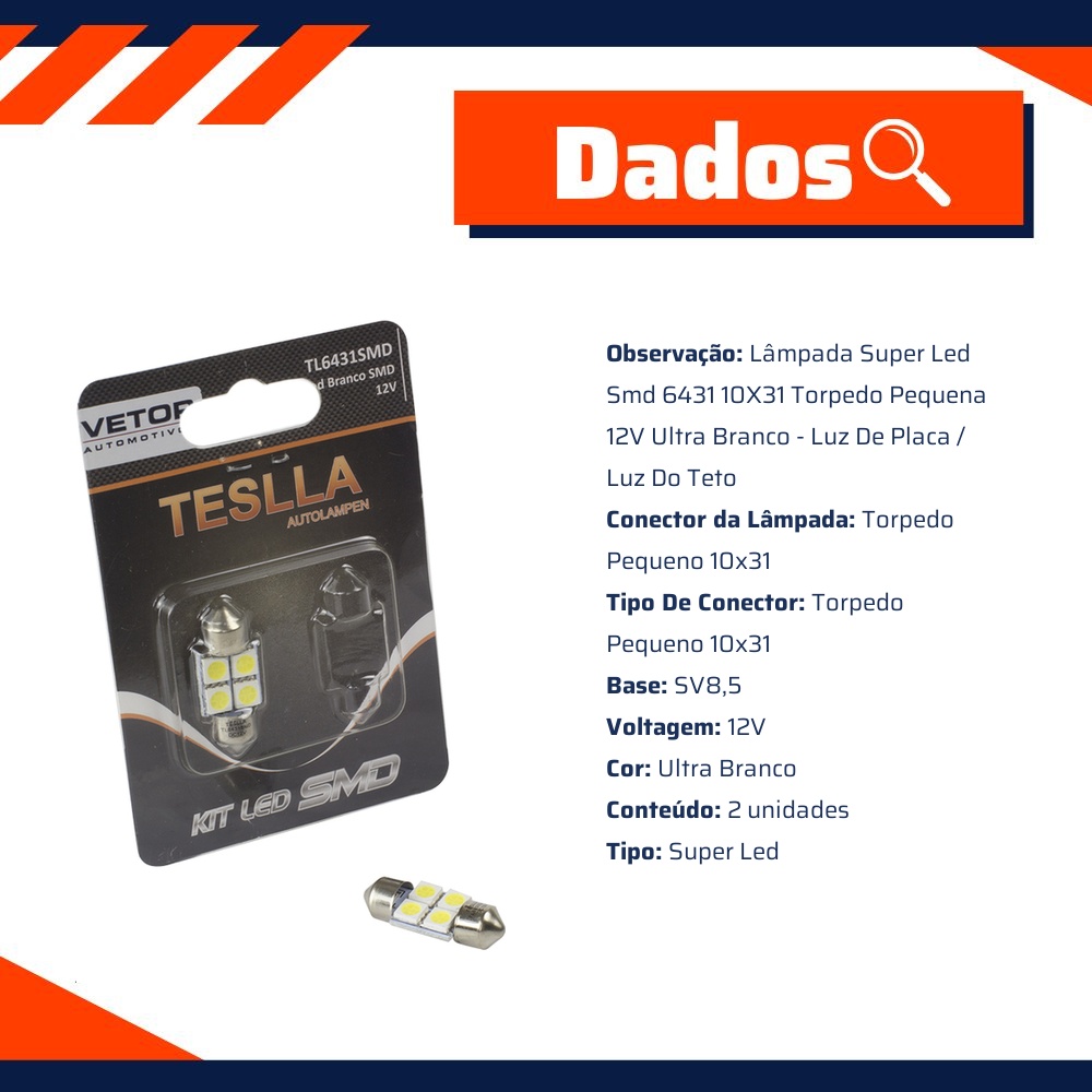 Par Lâmpada Super LED Ultra Branca 12V - Teslla - Tl6431Smd