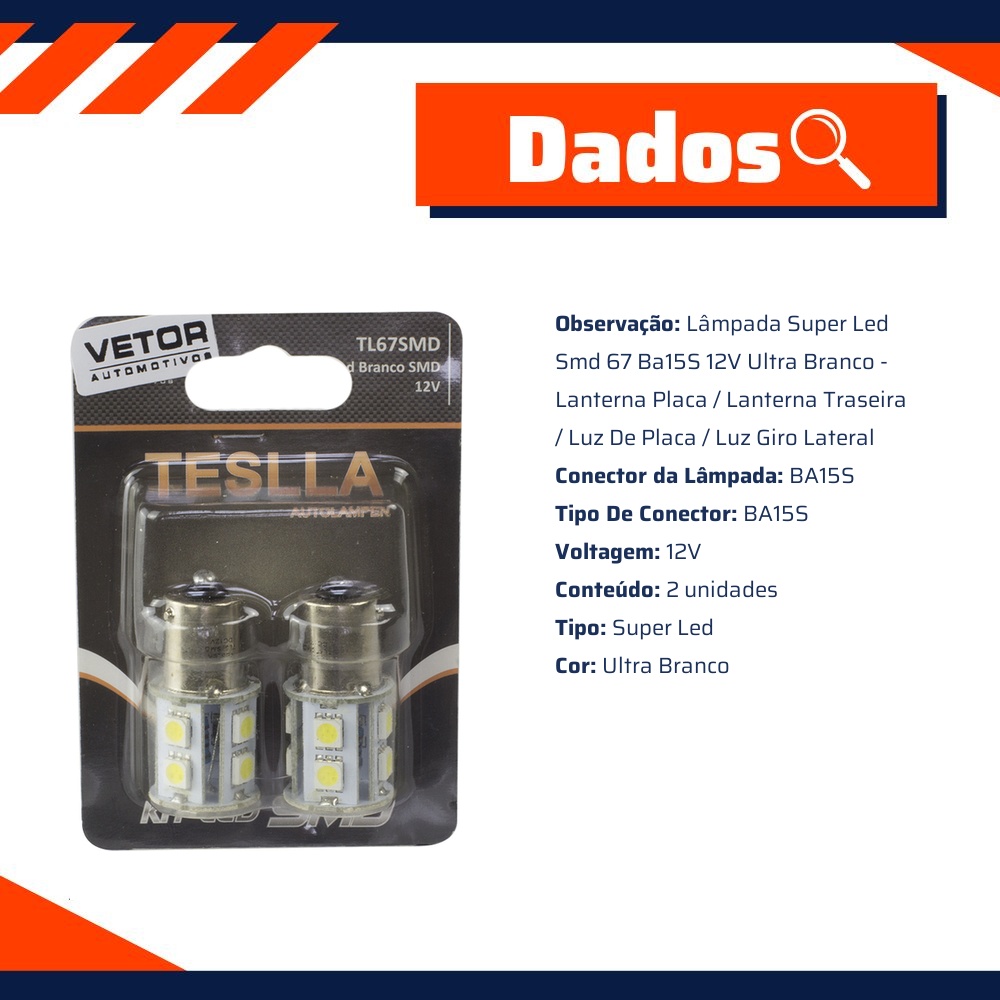 Par Lâmpada Super LED Ultra Branca 12V - Teslla - Tl67Smd