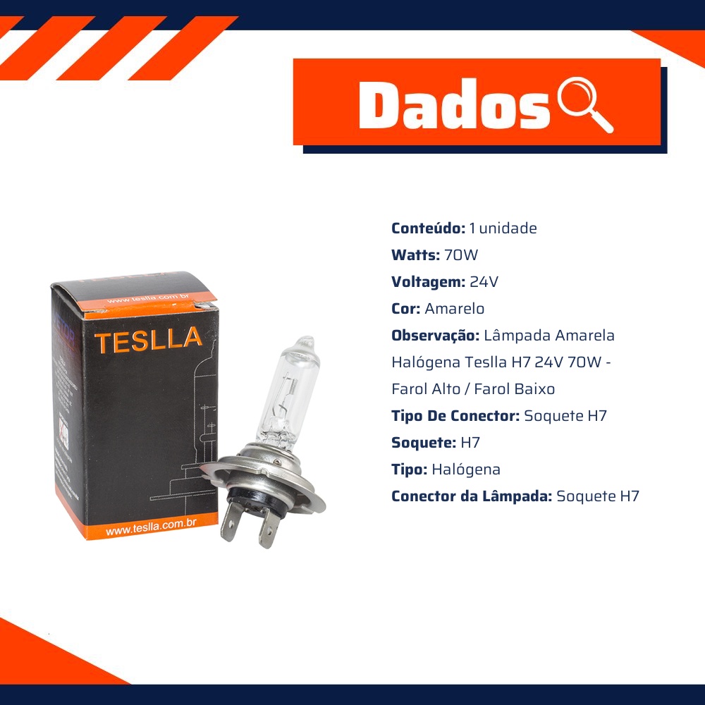 Lâmpada Halógena Amarela H7 24V 70W - Teslla - Th7V