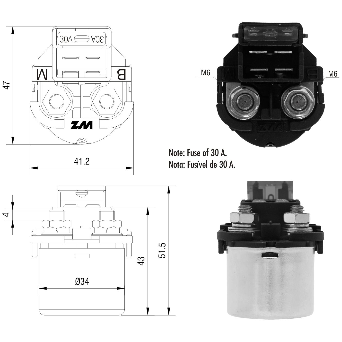 Relê Auxiliar de Partida para Honda NX 400i FALCON e NX4 FALCON 400 - ZM - 103