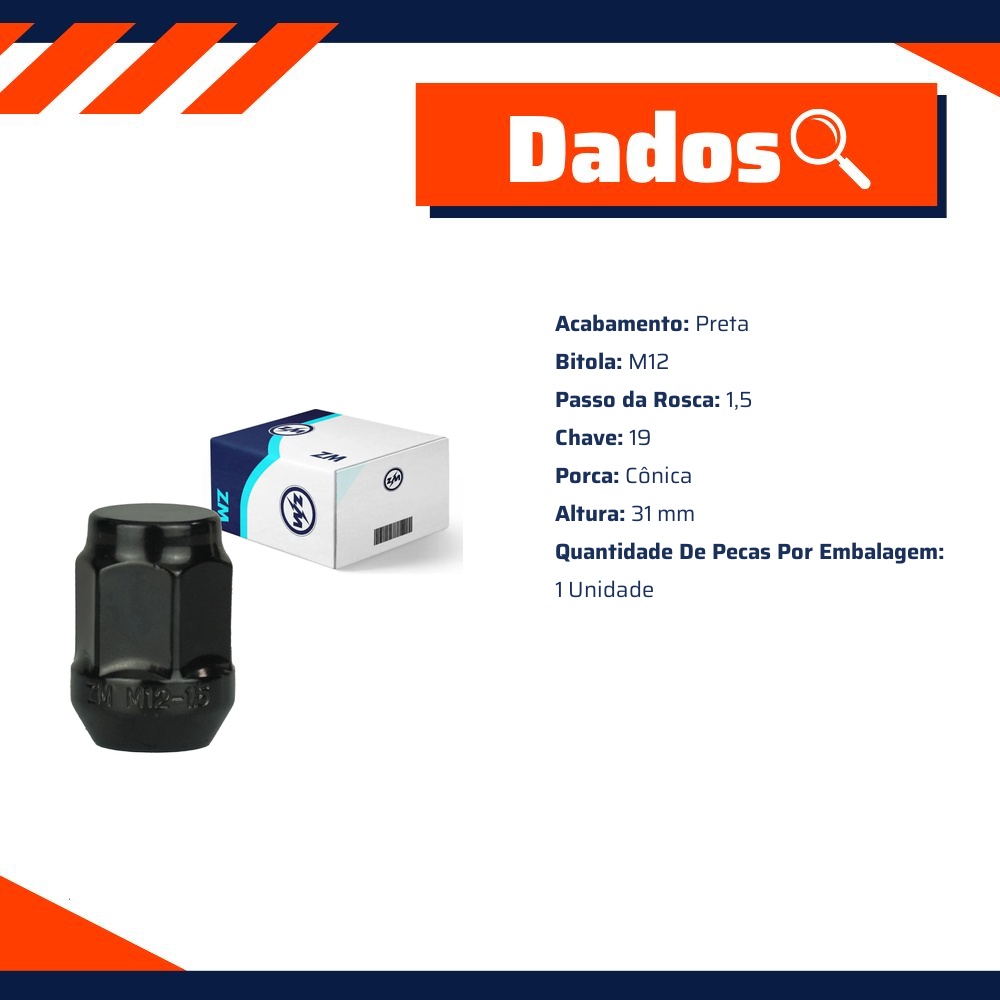 1 Porca da Roda M12-1,5 x CH19 x H31 - ZM - 29.012.30