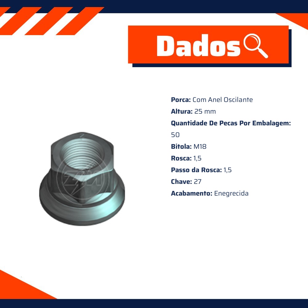 Kit 50 Porca da Roda M18-1,5 x CH27 x H25 - ZM - 29.018.90