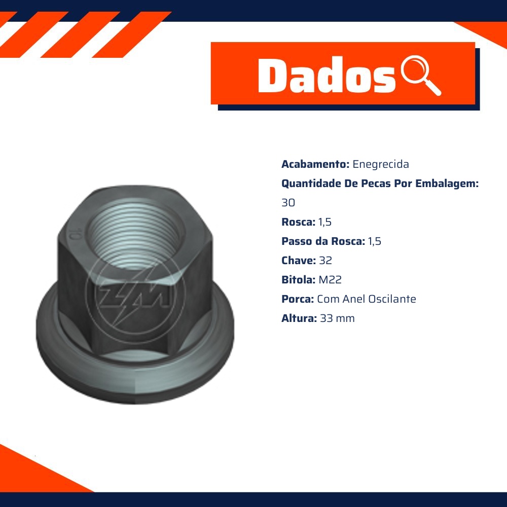 Kit 30 Porca da Roda M22-1,5 x CH32 x H33 - ZM - 29.022.04
