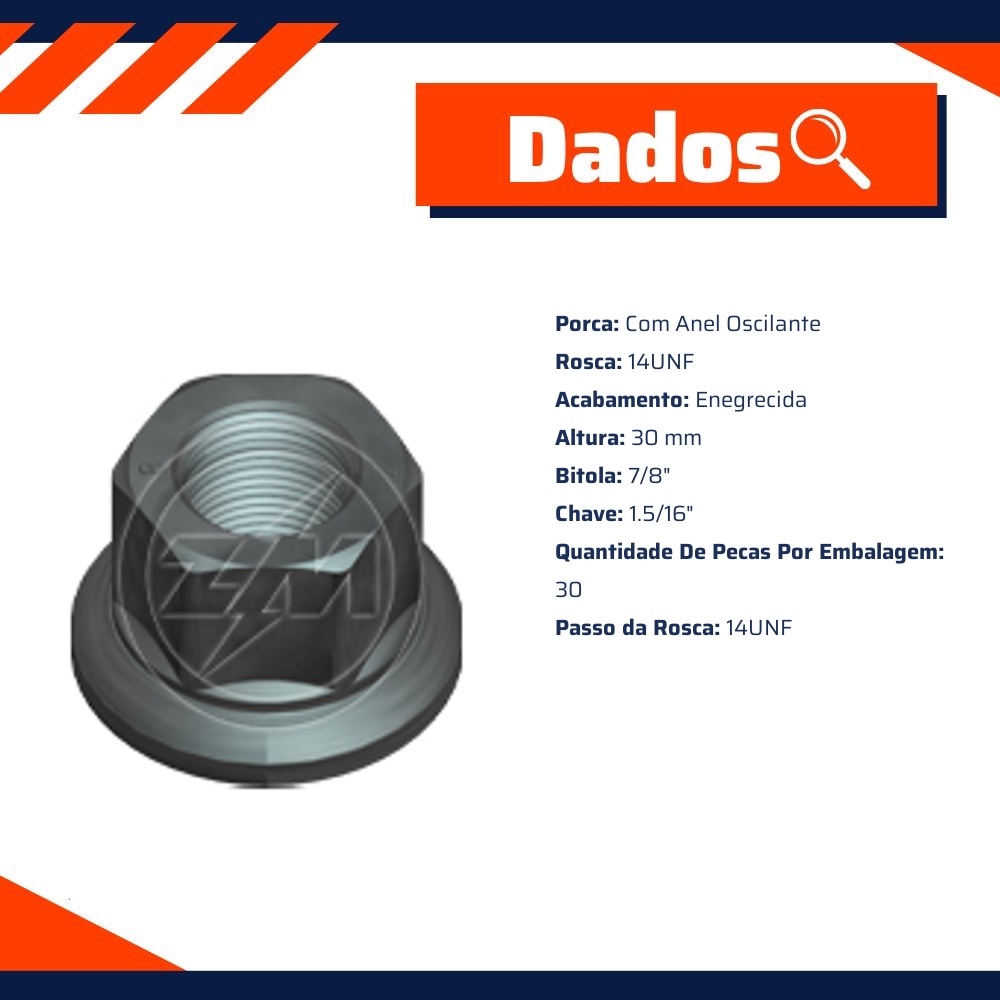 Kit 30 Porca da Roda 7/8"-14UNF x CH1,5/16" x H30 - ZM - 2970801