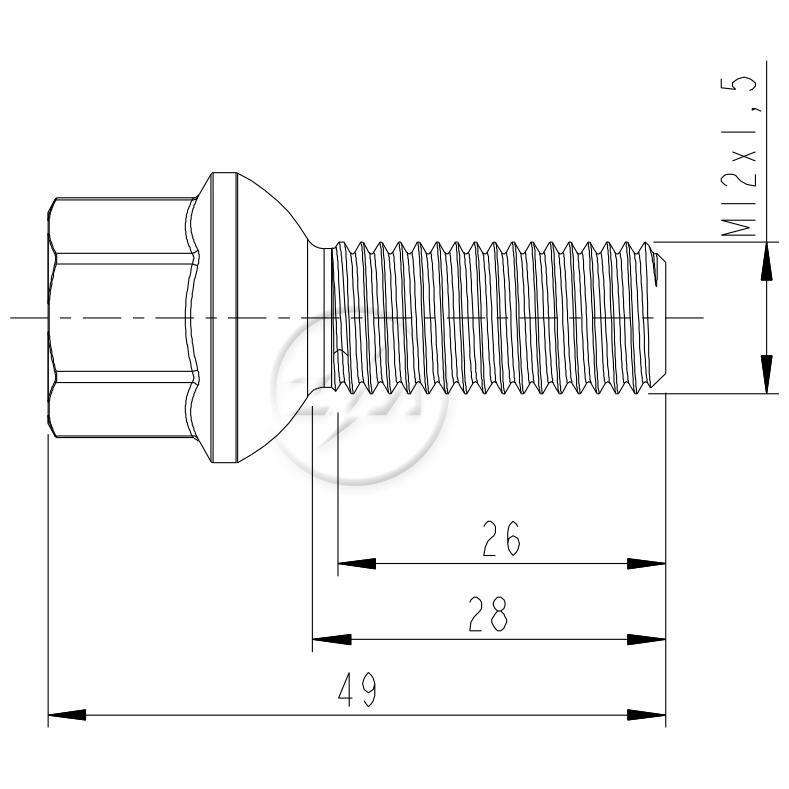 Parafuso de Roda M12-1.5 X 28/49 X Ch17 Caixa com 50 Unidades para Volkswagen Gol e Santana - ZM - 30.012.04