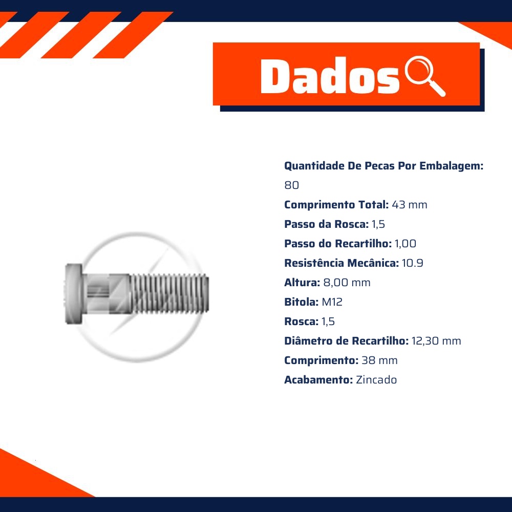 Kit 80 Parafuso de Roda M12-1,5 x 38/43 - ZM - 30.012.18