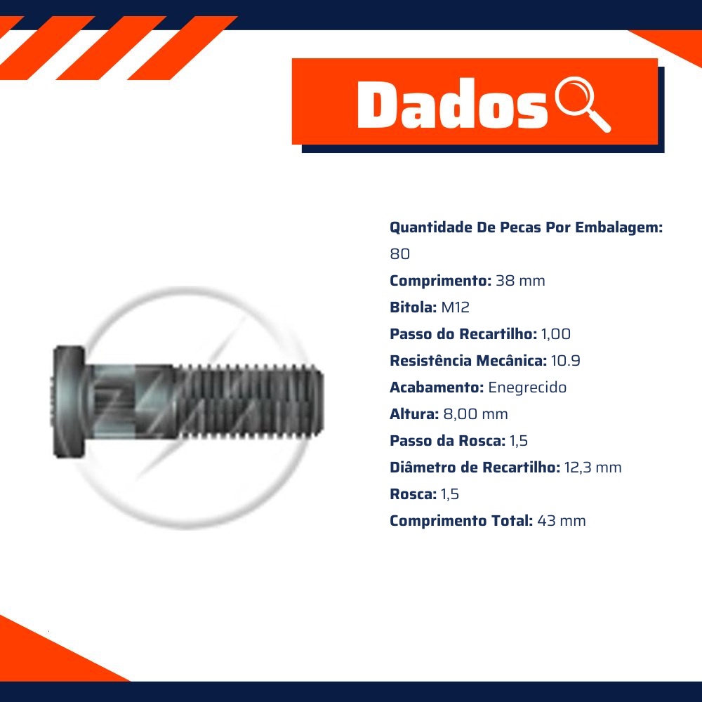 Kit 80 Parafuso de Roda M12-1,5 x 38/43 - ZM - 30.012.19