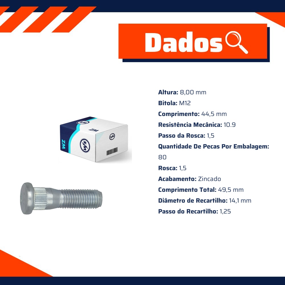 Kit 80 Parafuso de Roda M12-1,5 x 44,5/49,5 - ZM - 30.012.23
