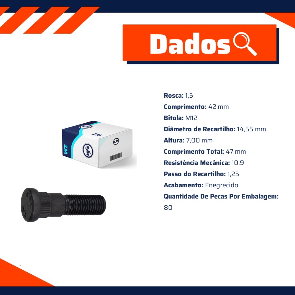 Kit 80 Parafuso de Roda M12-1,5 x 42/47 - ZM - 30.012.31