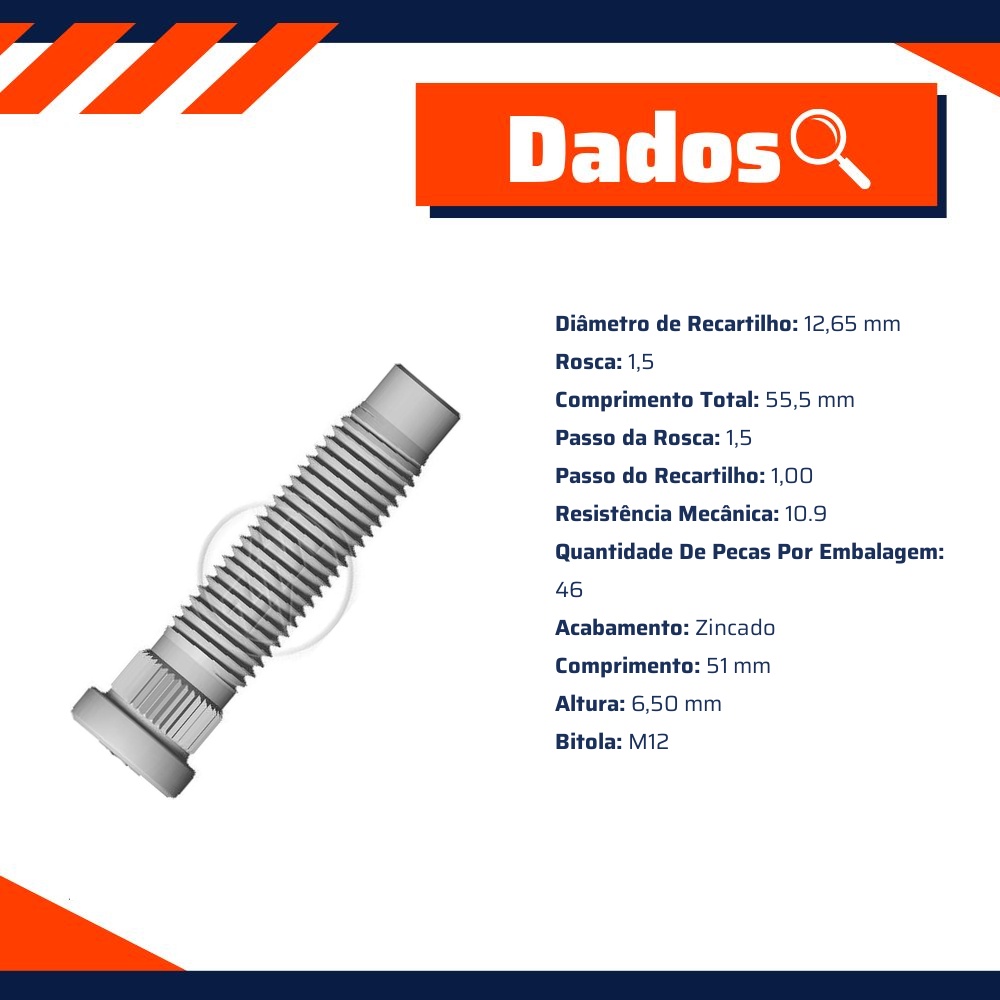 Kit 46 Parafuso de Roda M12-1,5 x 51/55,5 - ZM - 30.012.37