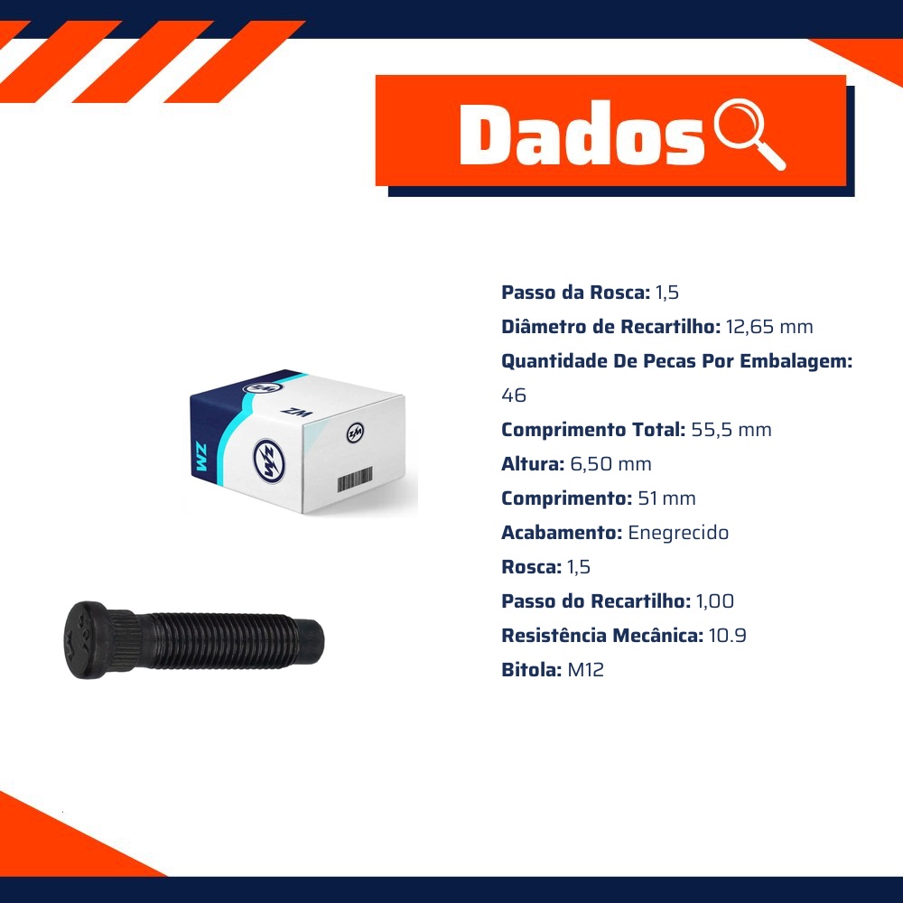 Kit 46 Parafuso de Roda M12-1,5 x 51/55,5 - ZM - 30.012.38