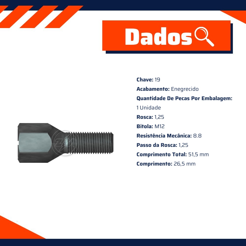 1 Parafuso de Roda M12-1,25 x 26,5/51,5 - ZM - 3001241