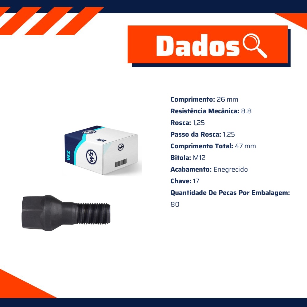 Kit 80 Parafuso de Roda M12-1,25 x 26/47 x CH17 - ZM - 3001279