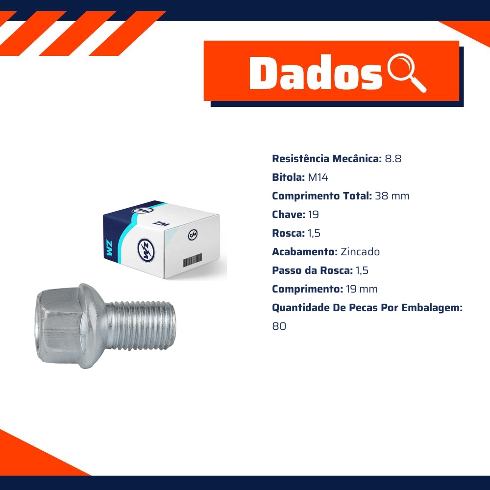 Kit 50 Parafuso de Roda M14-1.5 x 19/38 x CH19 - ZM - 3001400