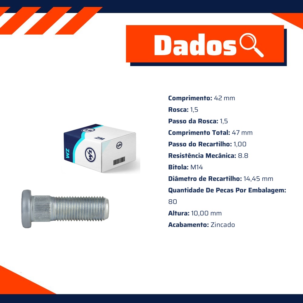 Parafuso de Roda M14-1,5 X 42/47 Caixa com 80 Unidades para Hyundai HR - ZM - 30.014.62