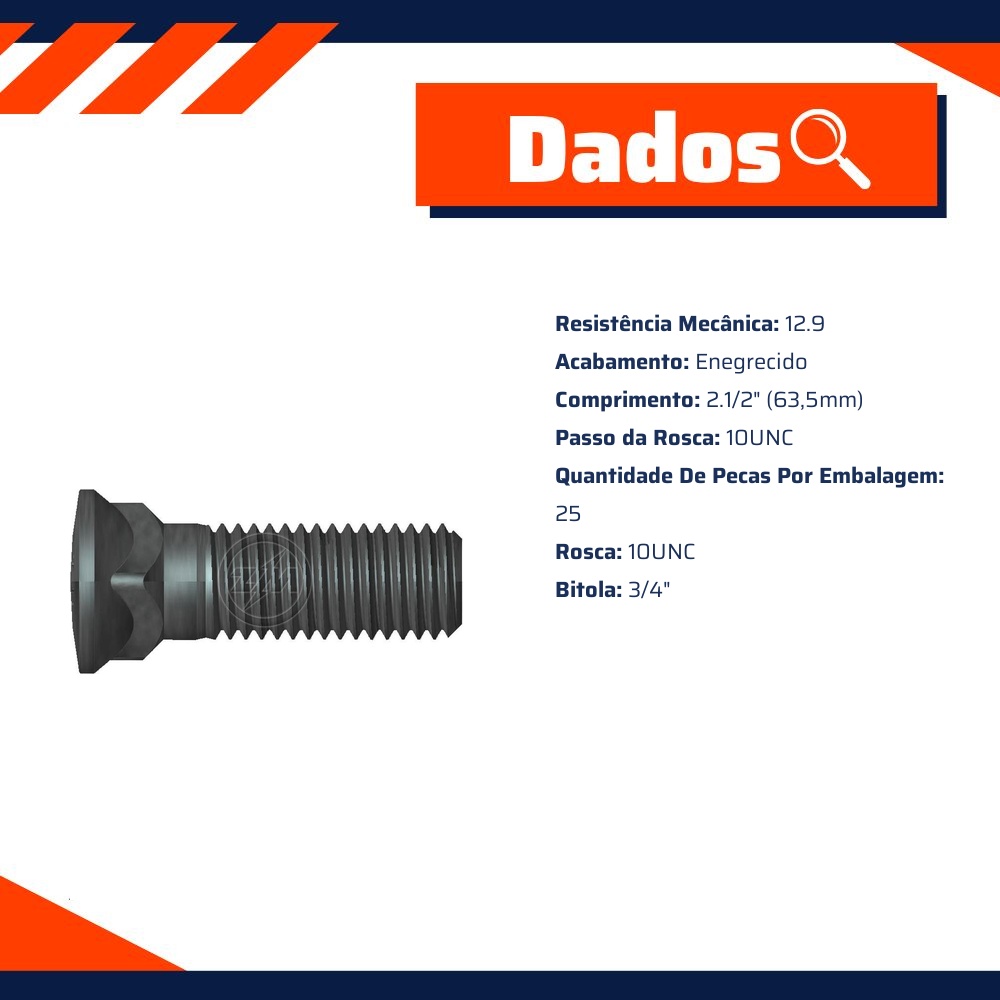 Kit 25 Parafuso Lâmina Trator 3/4"-10UNC x 2,1/2" - ZM - 3034071