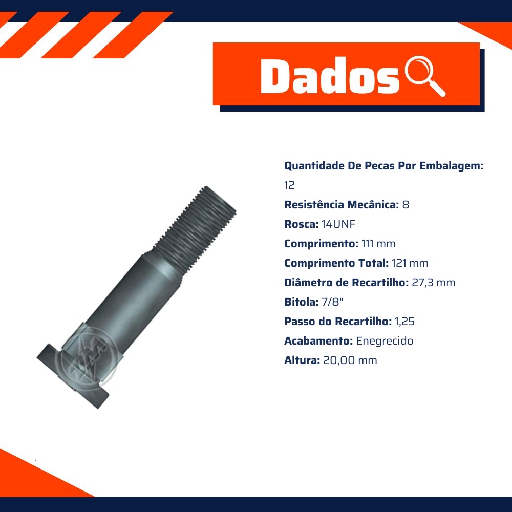 Kit 12 Parafuso de Roda 7/8"-14UNF x 111/121 - ZM - 3070803