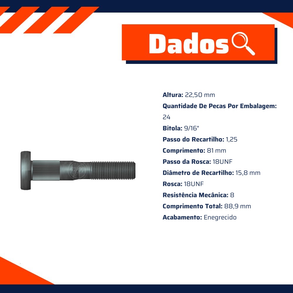 Parafuso de Roda 9/16"-18Unf X 81/88,9 Caixa com 24 Unidades para Chevrolet D-40 e GMC D-40 - ZM - 30.916.21