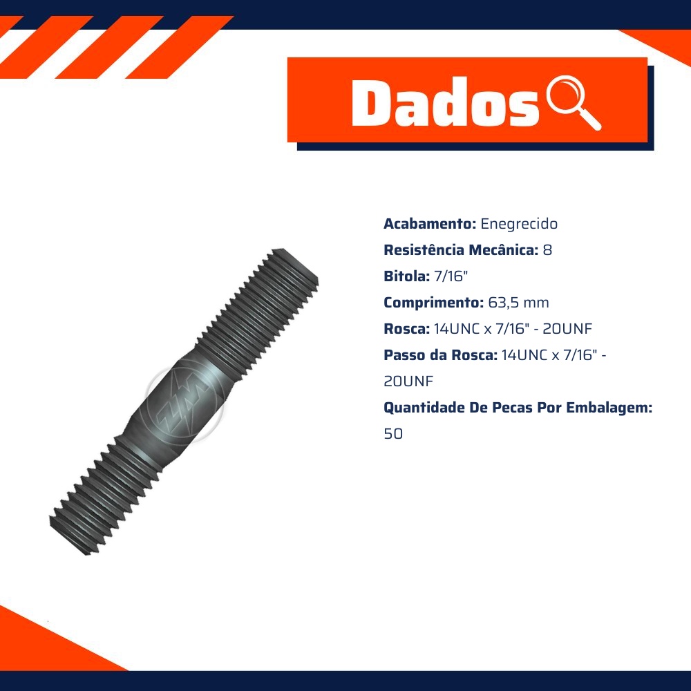 Kit 50 Prisioneiro Roda 7/16"-14UNCx7/16"x2,½" - ZM - 3271680