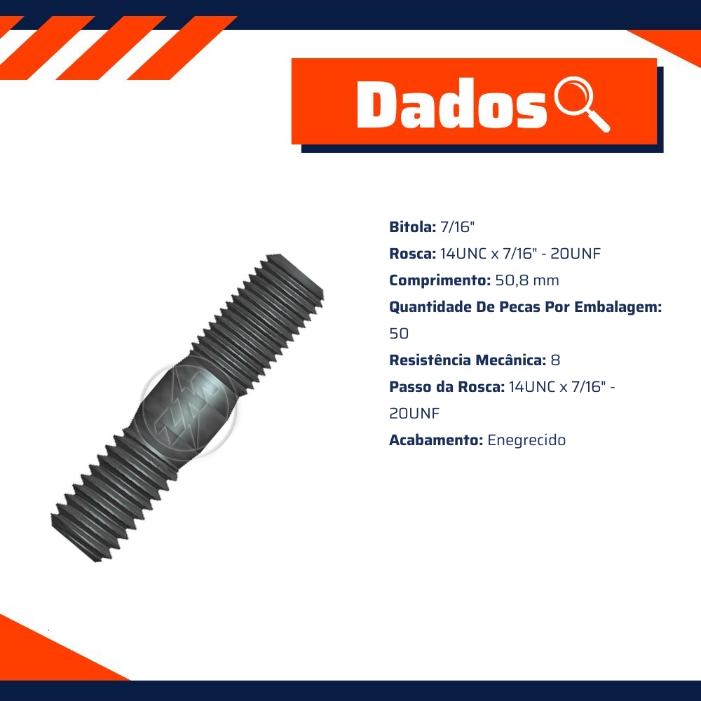 Kit 50 Prisioneiro Roda 7/16"-14UNCx7/16"-20UNFx2" - ZM - 3271682