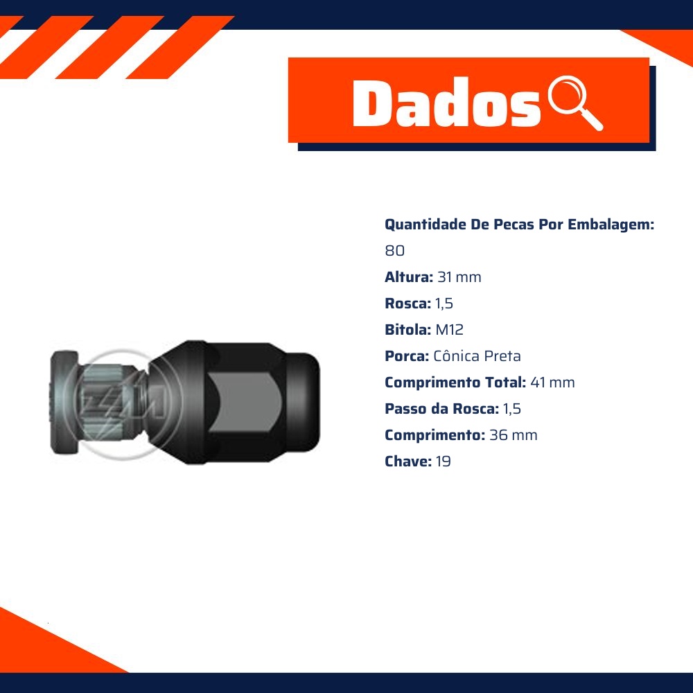Kit 80 Parafuso Roda M12-1,5x36/41xCH19xH31 - ZM - 40.012.30