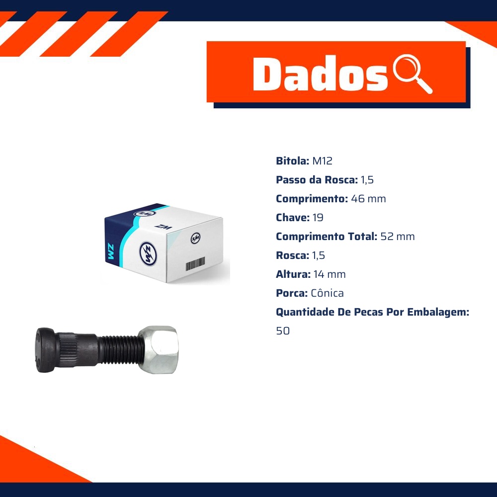 Prisioneiro de Roda com Porca Caixa com 50 Unidades para Chevrolet D-20 e Silverado - ZM - 40.012.36