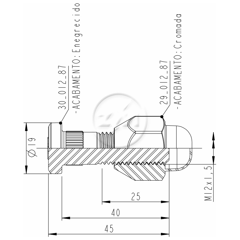 Prisioneiro de Roda com Porca M12-1,5 X 40/45 X Ch21 X H29 Caixa com 80 Unidades para KIA Sportage - ZM - 40.012.85