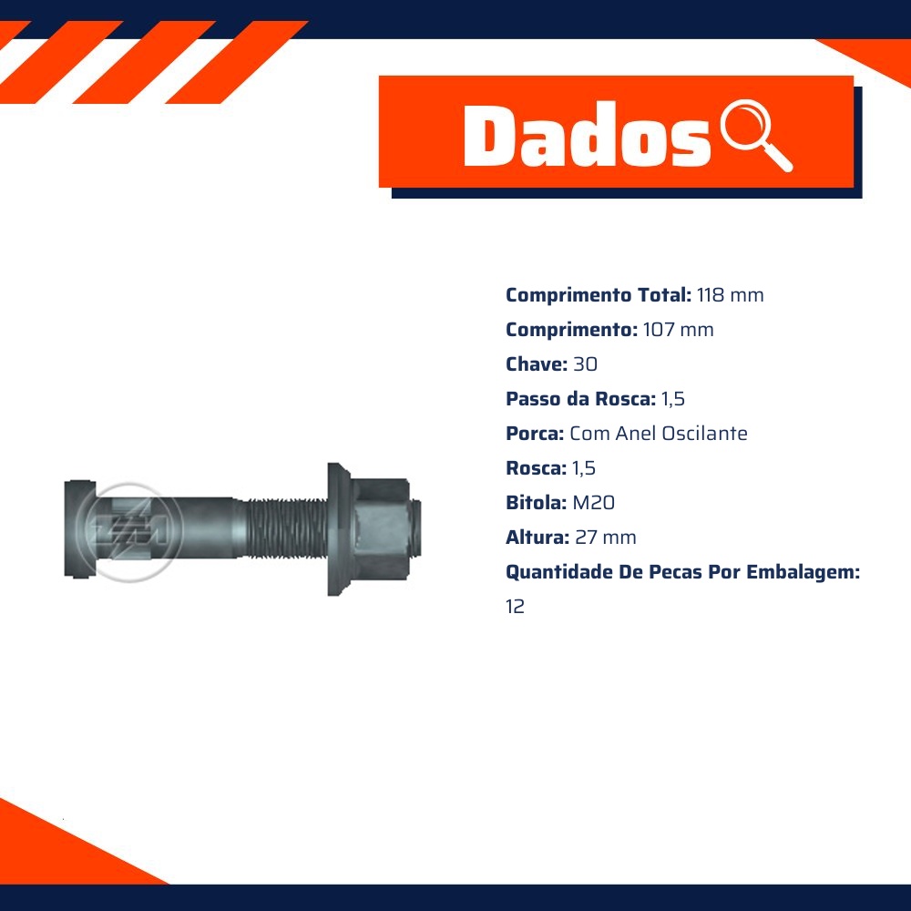 Kit 12 Parafuso Roda M20-1,5x107/118xCH30xH27 - ZM - 4002064