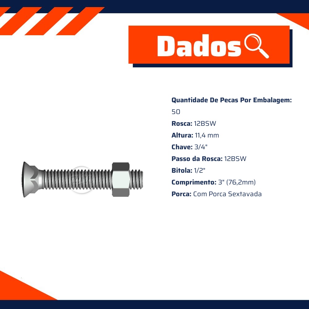 Kit 50 Parafuso para Arados 1/2"-12BSWx3" (2) - ZM - 4012068