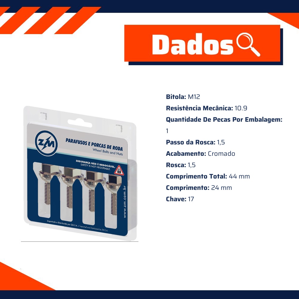 Jogo Parafusos Roda Cromado M12-1,5x24/44 - ZM - 42.012.50