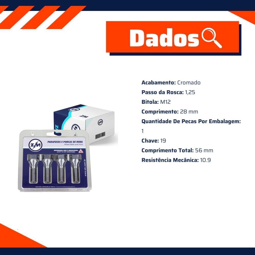 Jogo Parafusos Roda Cromado M12-1,25x28/56 - ZM - 42.012.70
