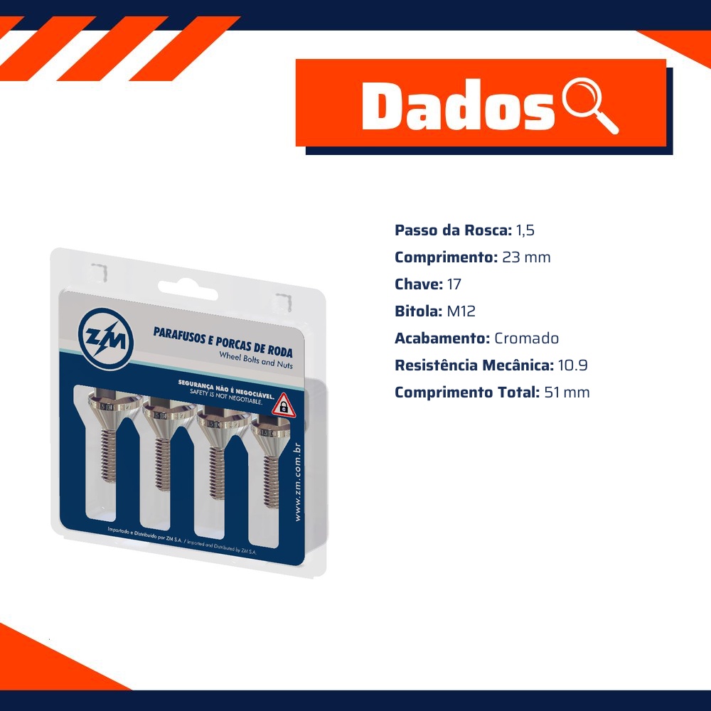 Jogo Parafusos Roda Crom M12-1,5x23/51x17mm - ZM - 42.012.81