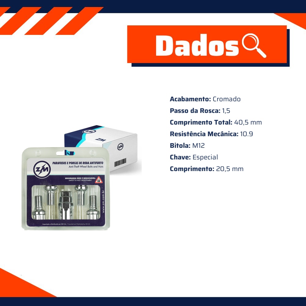 Jogo Parafusos Roda Antifurto M12-1,5x20,5 - ZM - 43.012.58