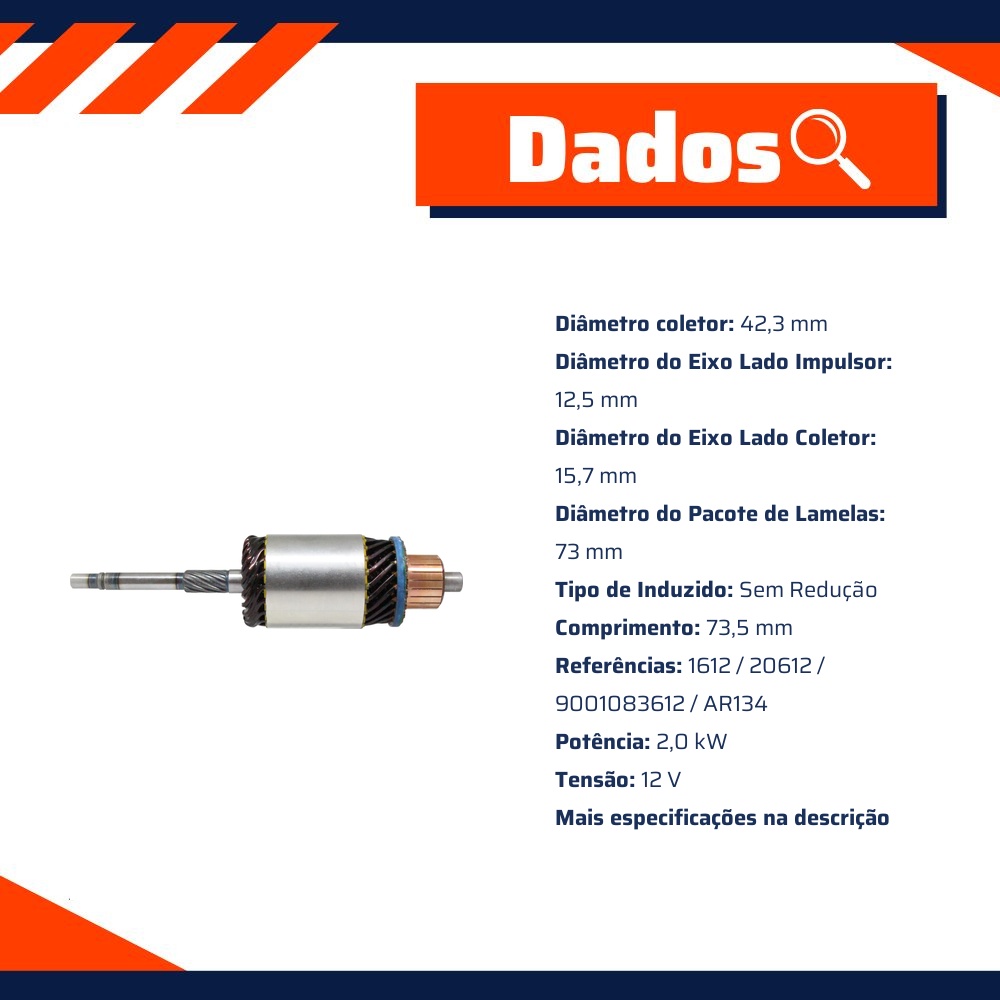 Induzido do Motor de Partida 12V para Agrale 1600 TX e 1800 D - ZM - 83.531.07