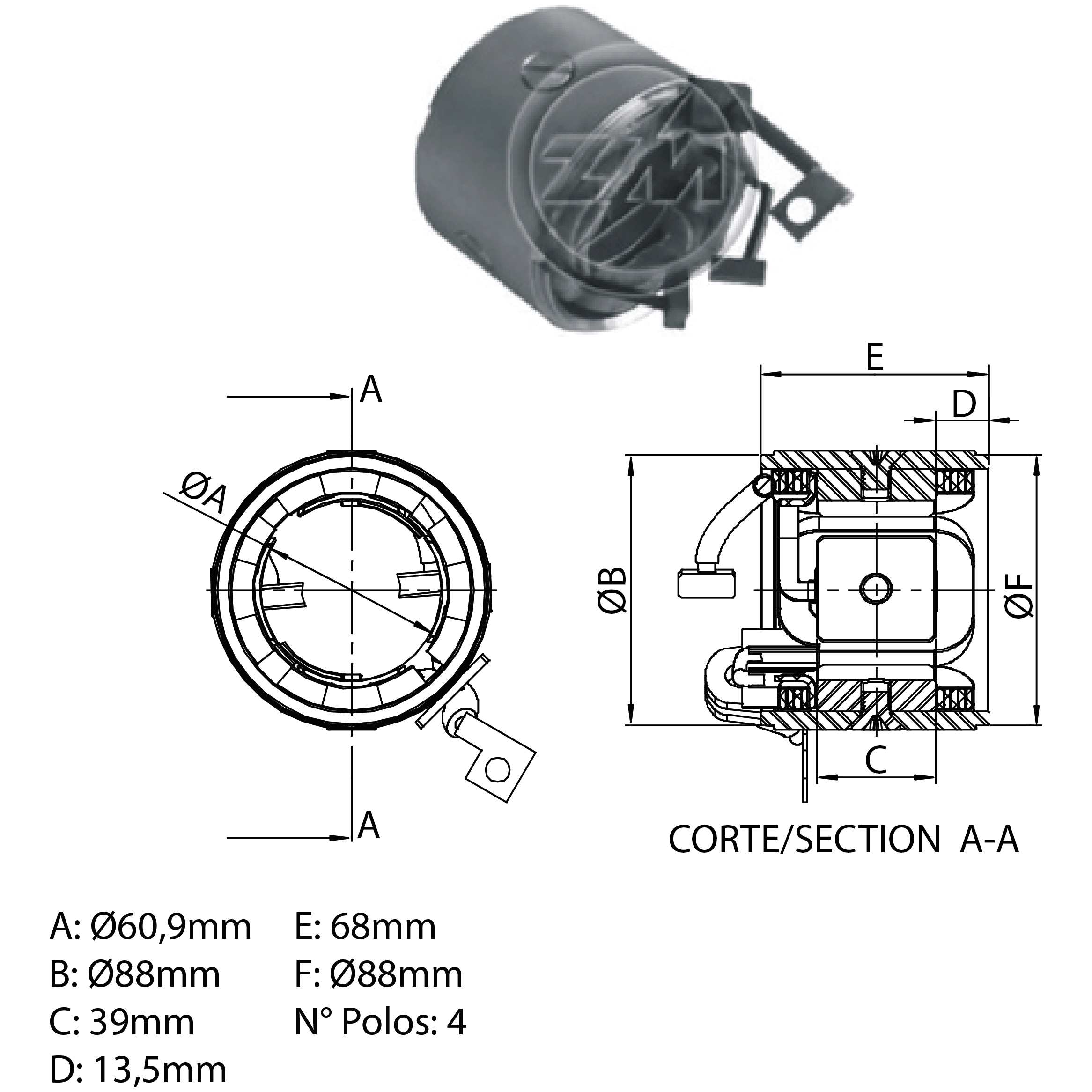 Carcaça Polar do Motor de Partida para Volkswagen Brasilia - ZM - 89.167.02