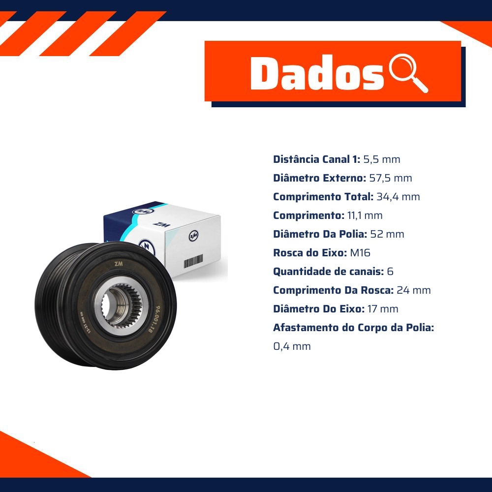 Polia de Roda Livre Oap do Alternador para Audi A1 e Q3 - ZM - 96.001.18