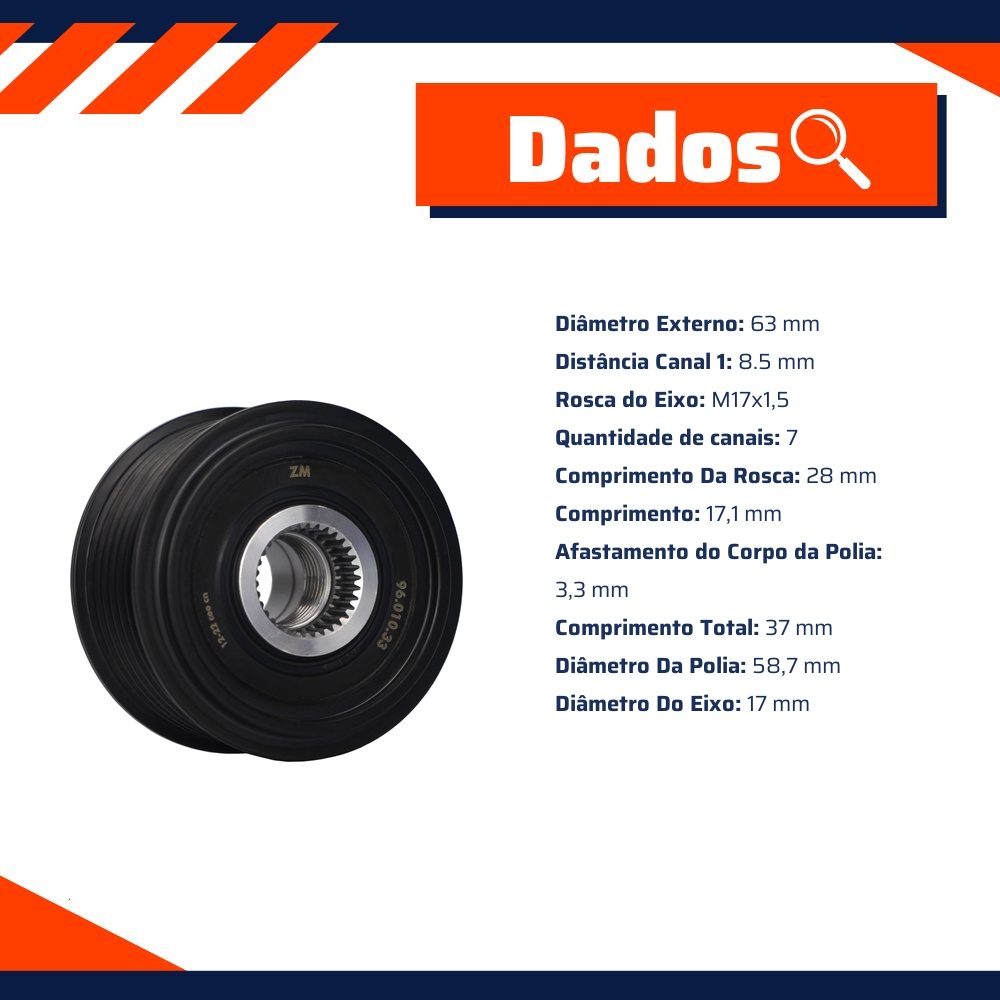 Polia de Roda Livre Oap do Alternador para Ford Ranger - ZM - 96.010.33